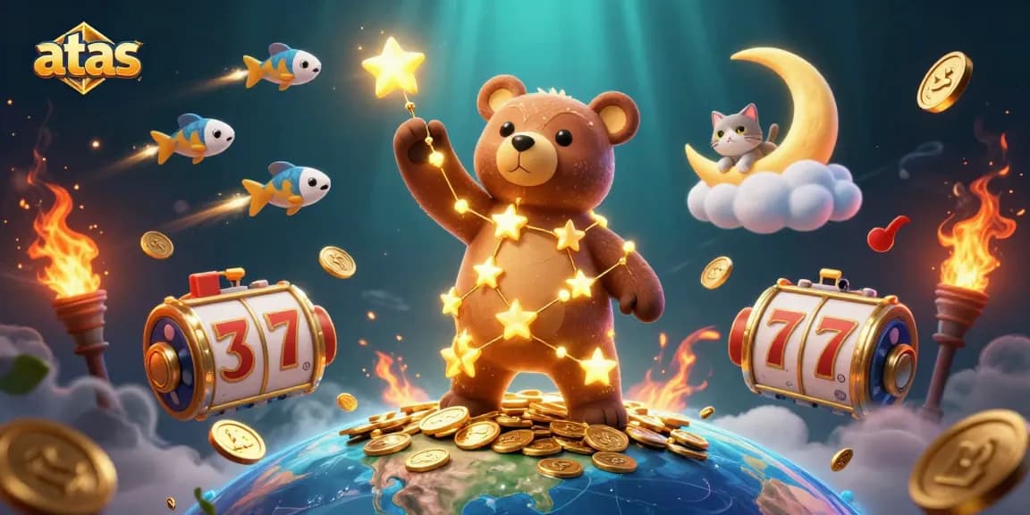 Engage with the atas gaming experience, showcasing a colorful constellation bear and thrilling slot reels.