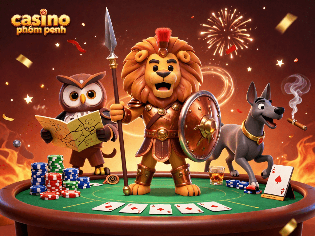 Engaging scene of casino phnom penh with 3D characters amidst poker action and festive atmosphere.