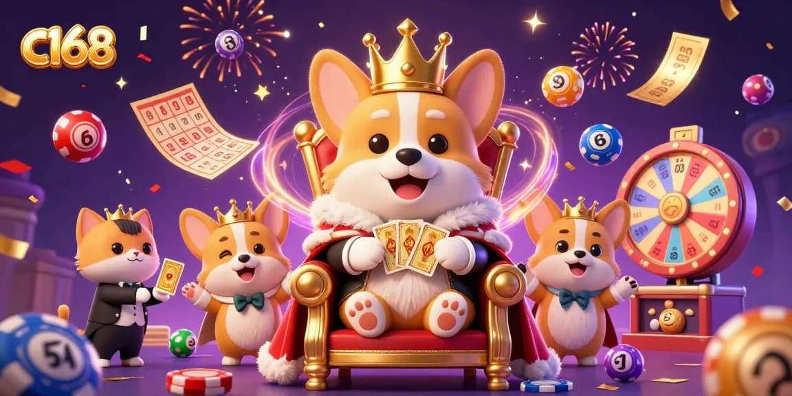 Experience the exciting world of c168 with lively royal corgis and dynamic casino elements.