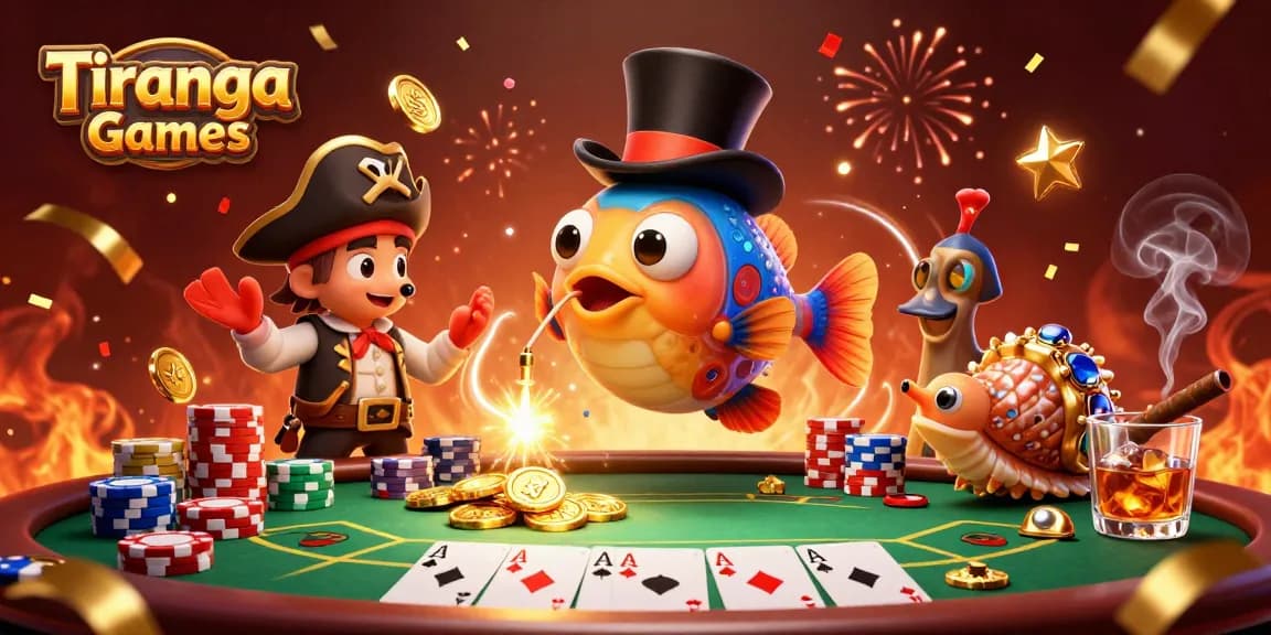 Tiranga Games showcase with deep-sea characters playing poker, celebrating wins with a vibrant scene.