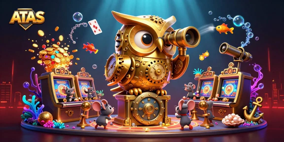 Experience ATAS with a vibrant casino floor featuring a golden owl and colorful slot machines.
