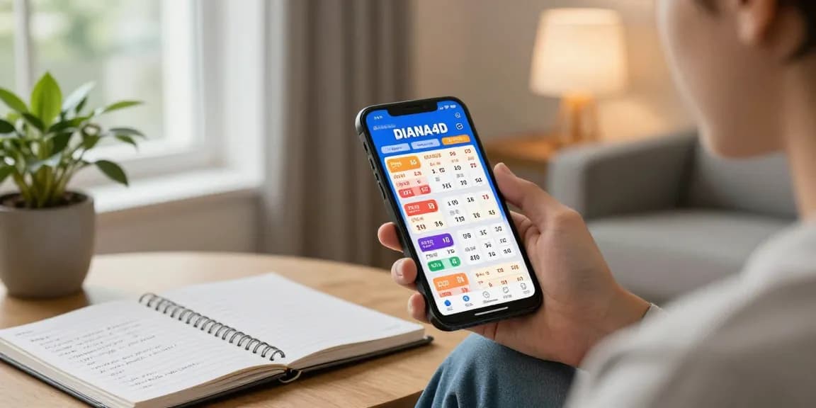Pengguna DIANA4D mengakses platform togel online di smartphone sambil duduk di ruang tamu modern.