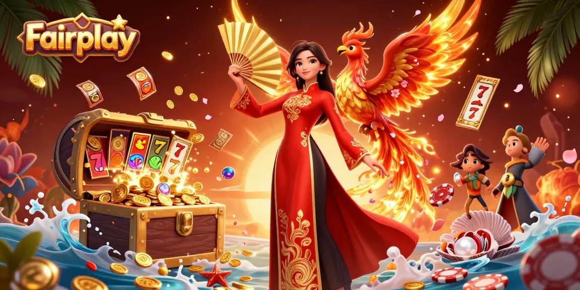 Experience Fairplay gaming excitement with vibrant 3D casino illustration featuring slot reels and golden elements.