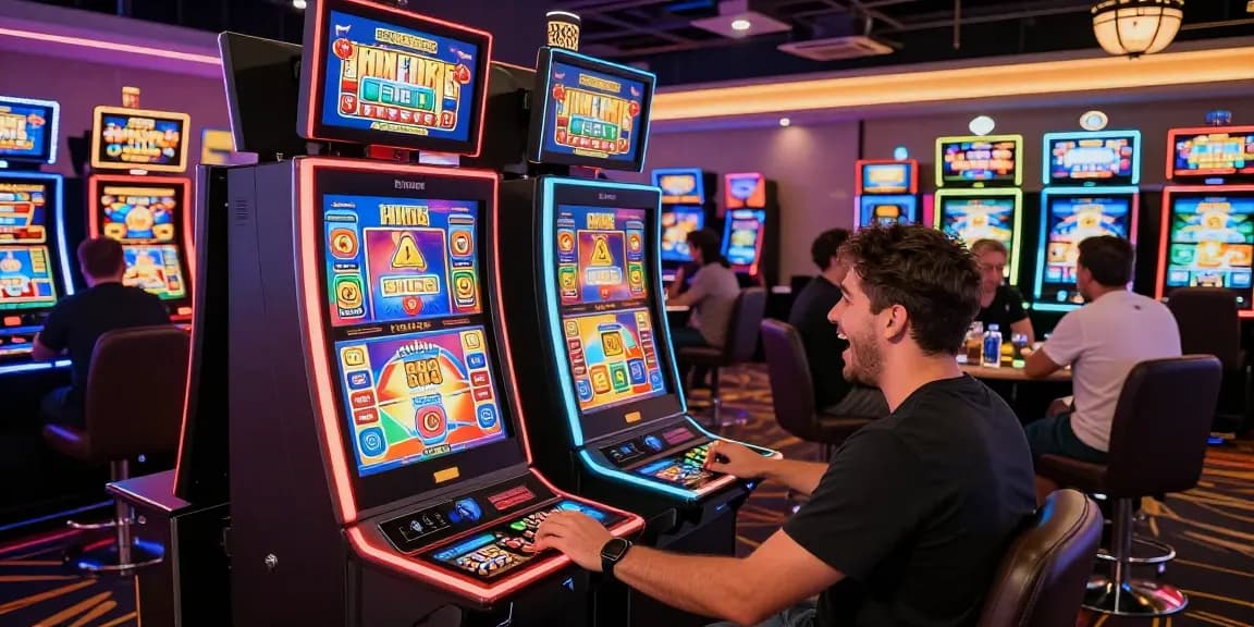Player engaged with a qris slot machine in a lively casino.