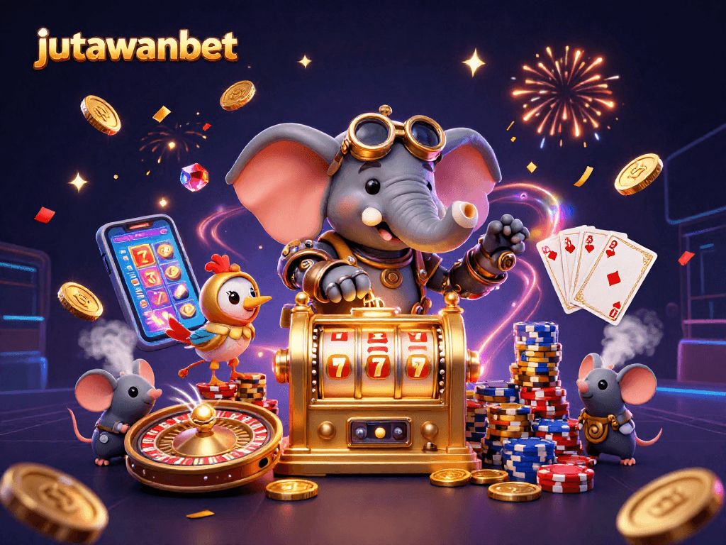 Spin to win with jutawanbet in a vibrant 3D casino filled with coins and winning symbols.
