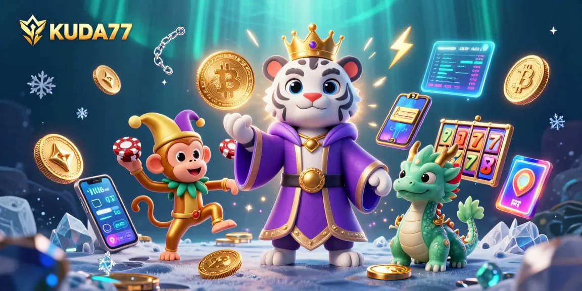 Menangkan jackpot di KUDA77 dengan ilustrasi kartun 3D yang kaya elemen kasino dan karakter menarik.