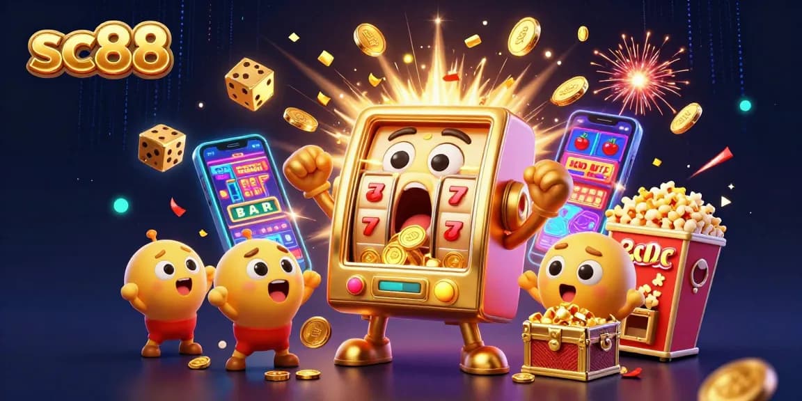 Win big on sc88 with a jackpot celebration featuring vibrant slot machines and dynamic casino elements.