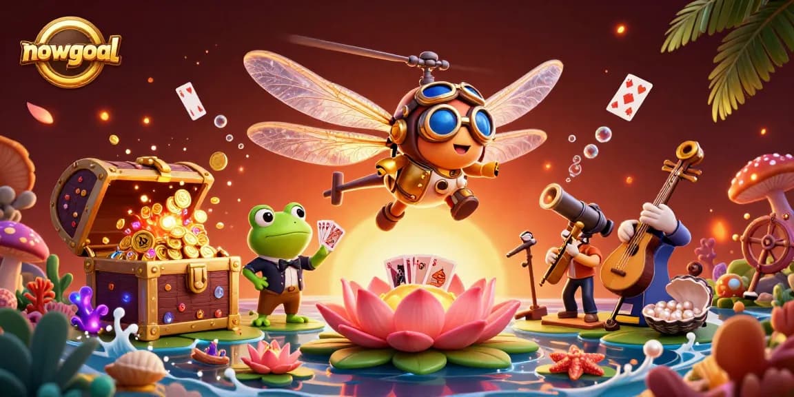 Bet on Nowgoal with live updates from a lily pad casino scene featuring a frog dealer.