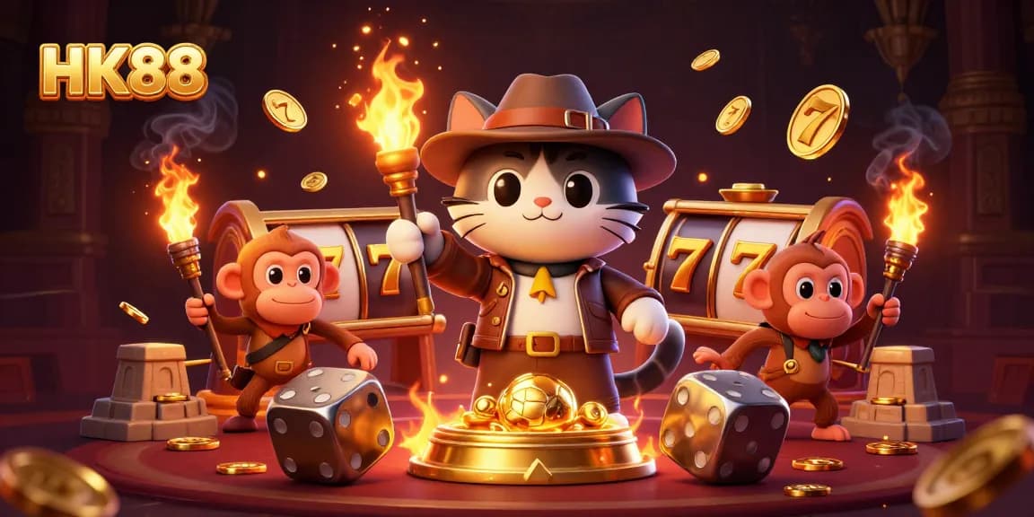 Uncover jackpots at HK88 with an archaeologist cat and monkey in a dynamic casino scene.