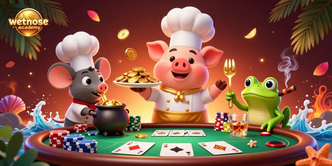 wetnoseacademy menampilkan chef babi 3D yang menyajikan koin emas, dalam suasana kasino yang ramai.