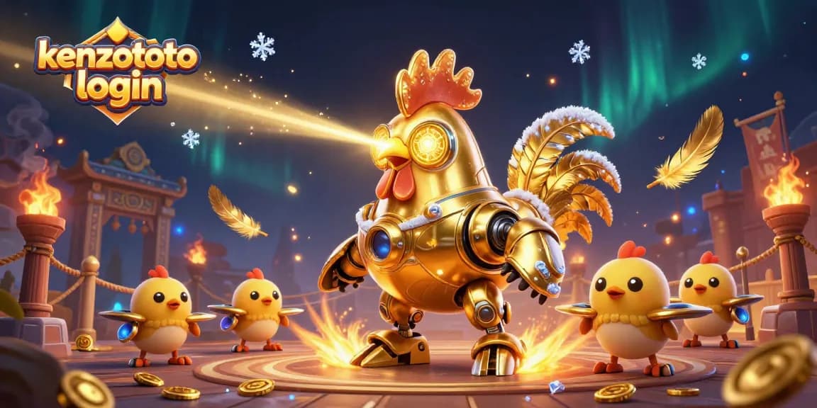 Kenzototo login to access the dynamic golden rooster robot and baby chick drones in a thrilling casino scene.