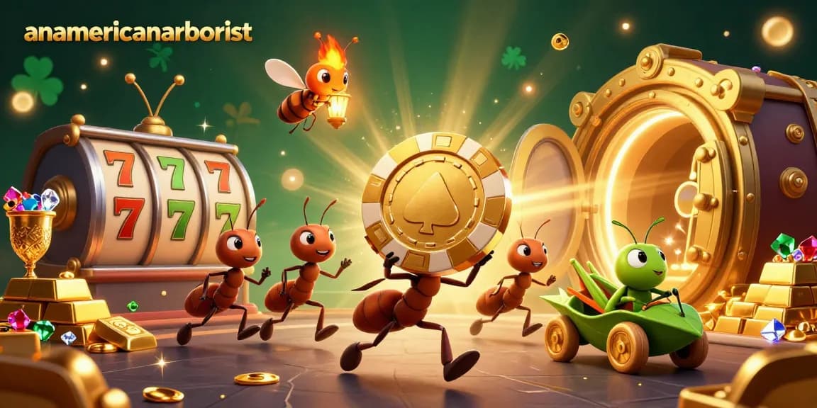 Anamericanarborist captures playful ants executing a casino heist with golden poker chips and jackpot slot reels.