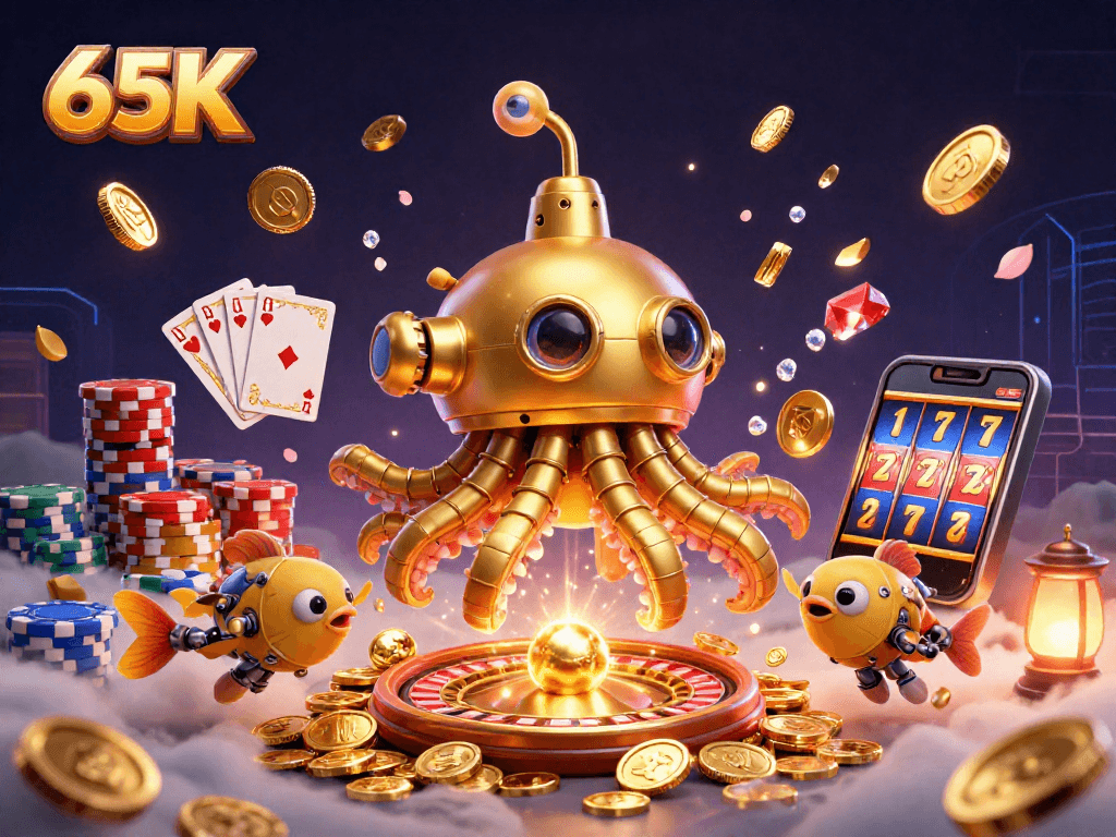 Jogue com 65K enquanto navega por um mar de moedas douradas em um cassino digital.