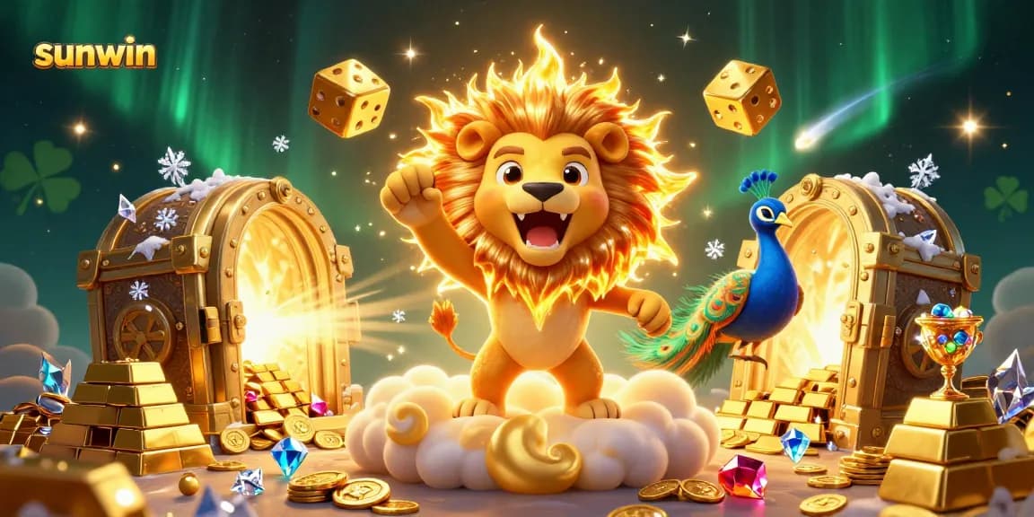Sunwin gaming experience with vibrant characters and treasure, depicting a lively casino atmosphere.