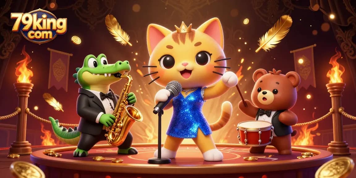 Engage with 79king com in a vibrant casino scene featuring a singing cat, a saxophone crocodile, and a drumming bear.