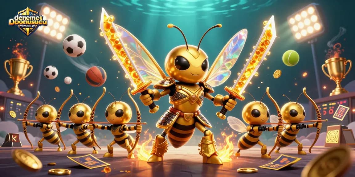 Engaging 3D illustration of denemebonusuverensiteler, showcasing a golden hornet samurai and sports elements, igniting excitement.