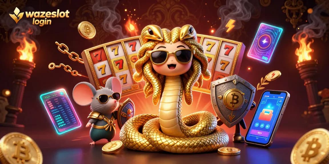 Experience wazeslot login with engaging casino elements and vibrant 3D characters in a rich illustration.