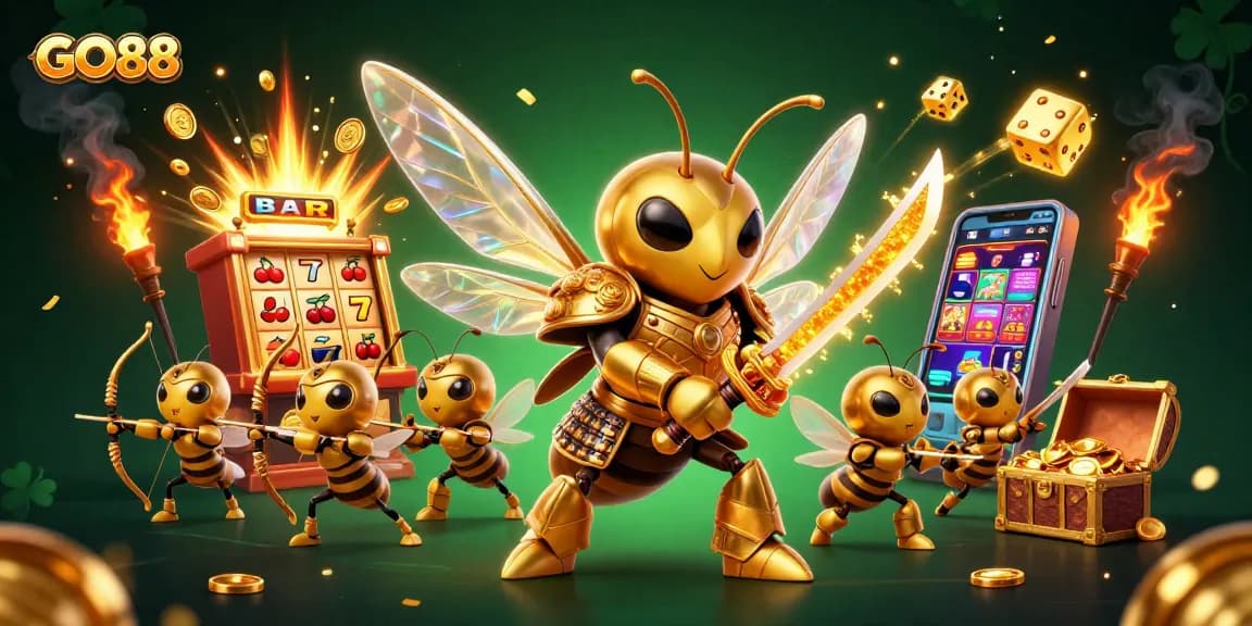 Experience GO88 with dynamic slot machines, epic characters, and vivid casino elements in a thrilling 3D scene.