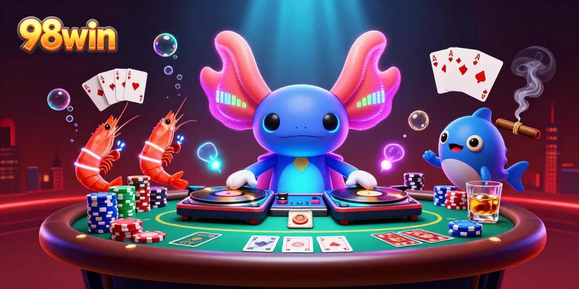 Engage with thrilling games at 98win in an electrifying casino setting illustrated by vibrant characters.