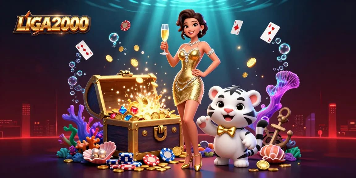 Pemain LIGA2000 merayakan kemenangan mereka dengan adegan kasino yang cerah menampilkan wanita glamor dan harimau keberuntungan.