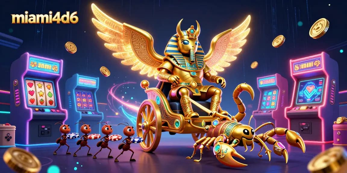 Engage with the vibrant and dynamic scene featuring miami4d6's colossal golden scarab and casino elements.