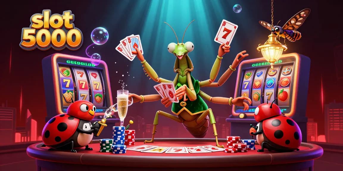 Permainan slot 5000 menampilkan raja kasino dengan kartu dan keripik, memancarkan kegembiraan permainan