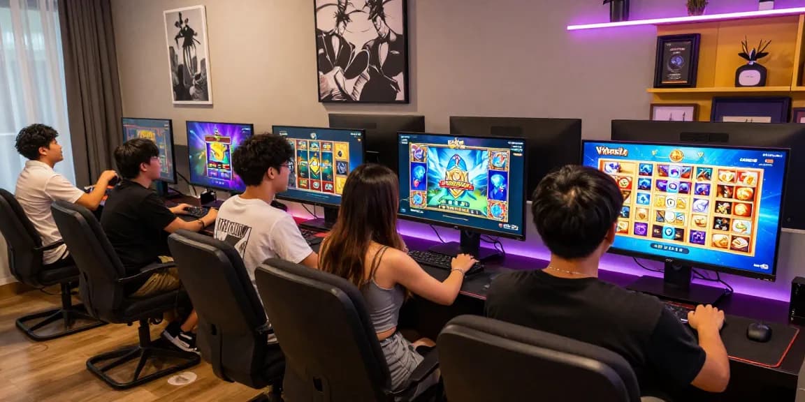 Engaging scene of players enjoying deposit tanpa minimal slot games in a vibrant online gaming setting.