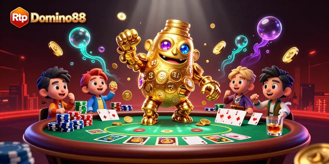 Engage with thrilling Rtp Domino88 gameplay, showcasing colorful slot symbols and poker elements in a vibrant casino atmosphere.