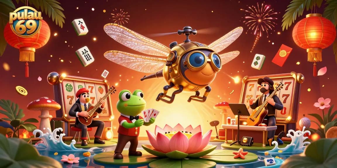 Engage with pulau 69 at a vibrant lily pad casino scene filled with animation and excitement.