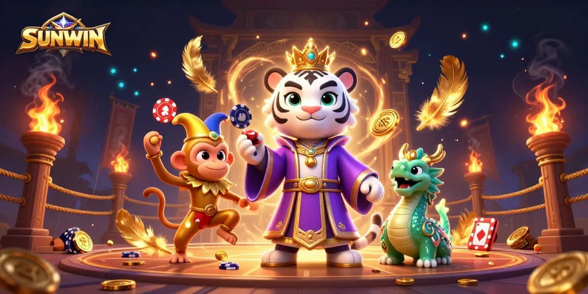 Experience the thrill of SUNWIN through a vibrant casino illustration featuring casino games and lucky characters.