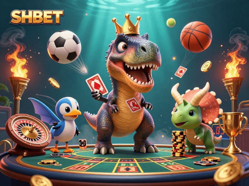 Watch as SHBET's casino characters shuffle cards and stack chips in a vibrant 3D illustration.