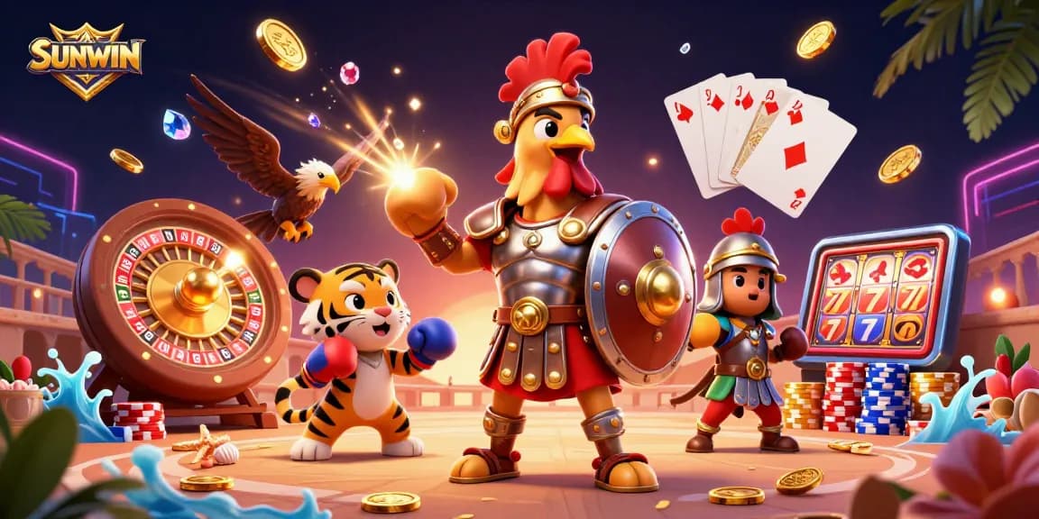 SUNWIN showcases exhilarating slots and casino action with dynamic characters, casino elements, and vibrant colors.