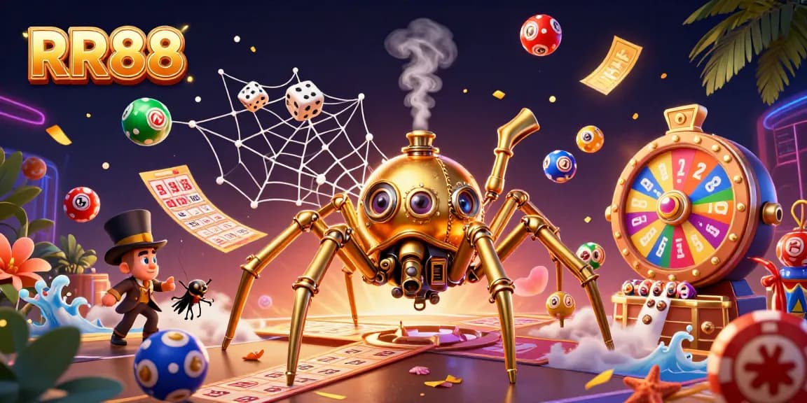 Engage with RR88, the stunning steampunk spider weaving casino luck among lottery balls and golden tickets.