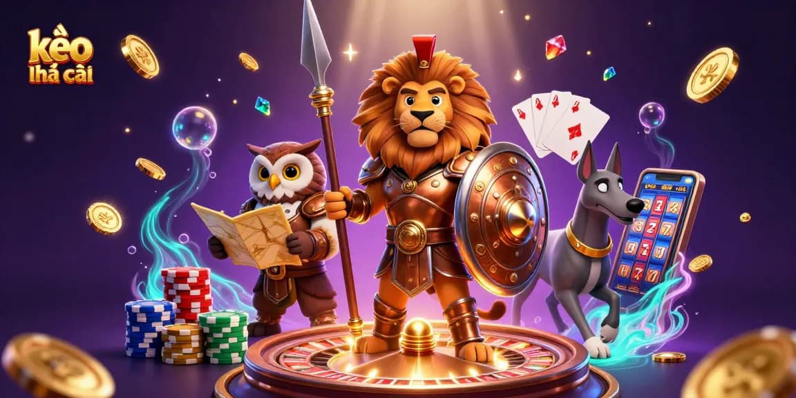 Bettors explore the dynamic world of kèo nhà cái with a vibrant 3D casino illustration featuring a lion, owl, and greyhound amidst cascading gold coins and a roulette wheel.