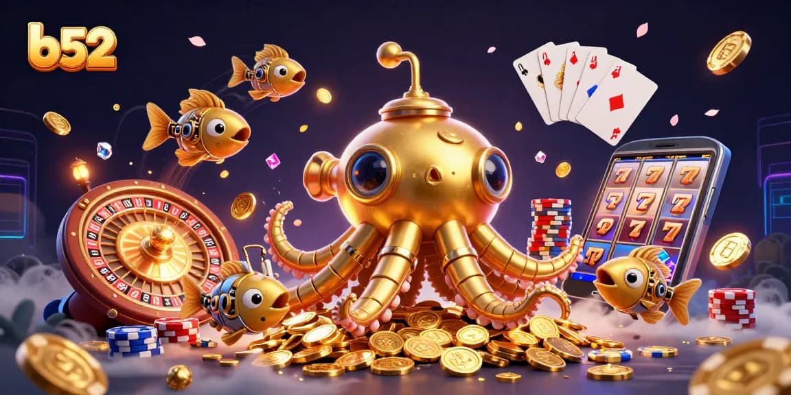 Experience the thrill of b52 with a vibrant, animated casino scene filled with golden coins and exciting game elements.