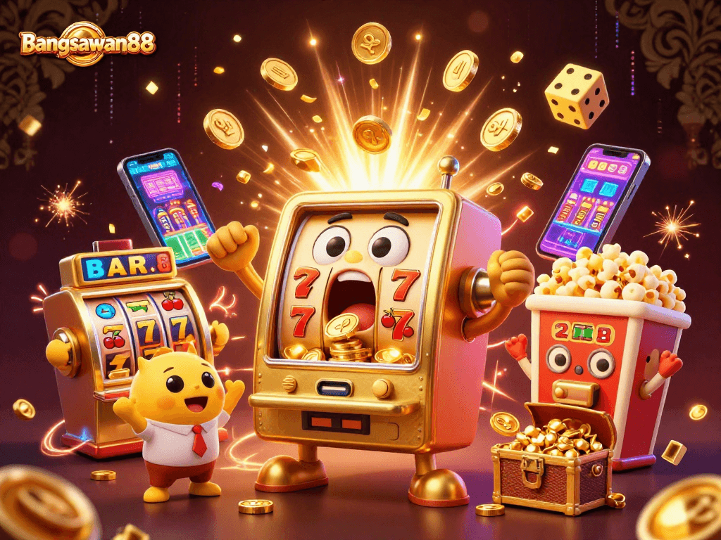 Experience the exhilarating moment as bangsawan88's golden slot machine celebrates hitting a jackpot amidst a burst of coins.