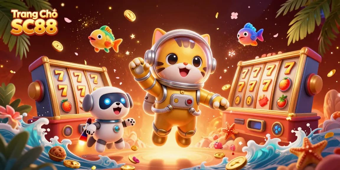 Experience the thrill of Trang Chủ SC88 with vibrant 3D illustrations highlighting slot games, immersive graphics, and dynamic gameplay.