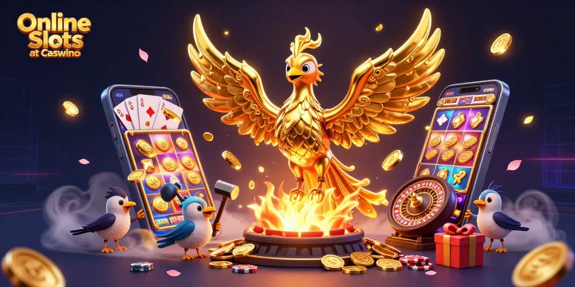Experience thrilling Online Slots at Caswino with golden phoenix and vibrant game elements.
