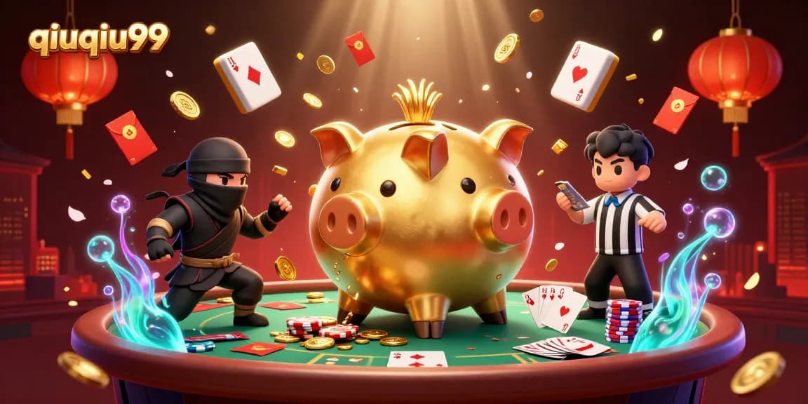 Experience QiuQiu99's thrilling poker action with a vibrant scene featuring golden characters and game elements.