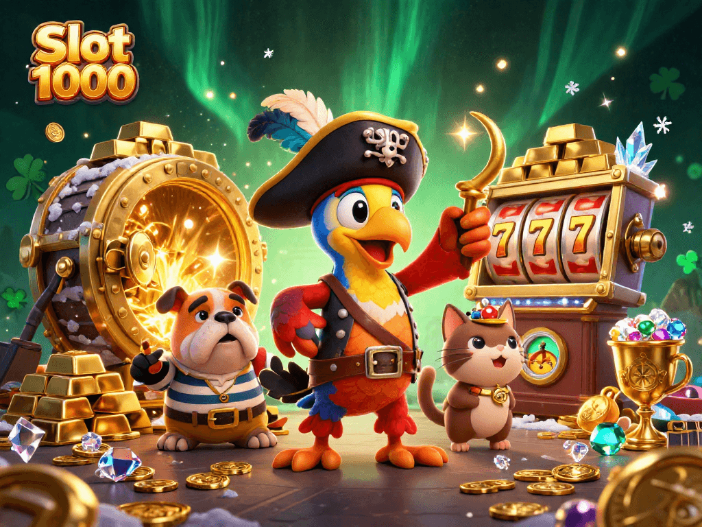 Spin to win at Slot 1000 with pirate captains and treasures in a vibrant casino scene.