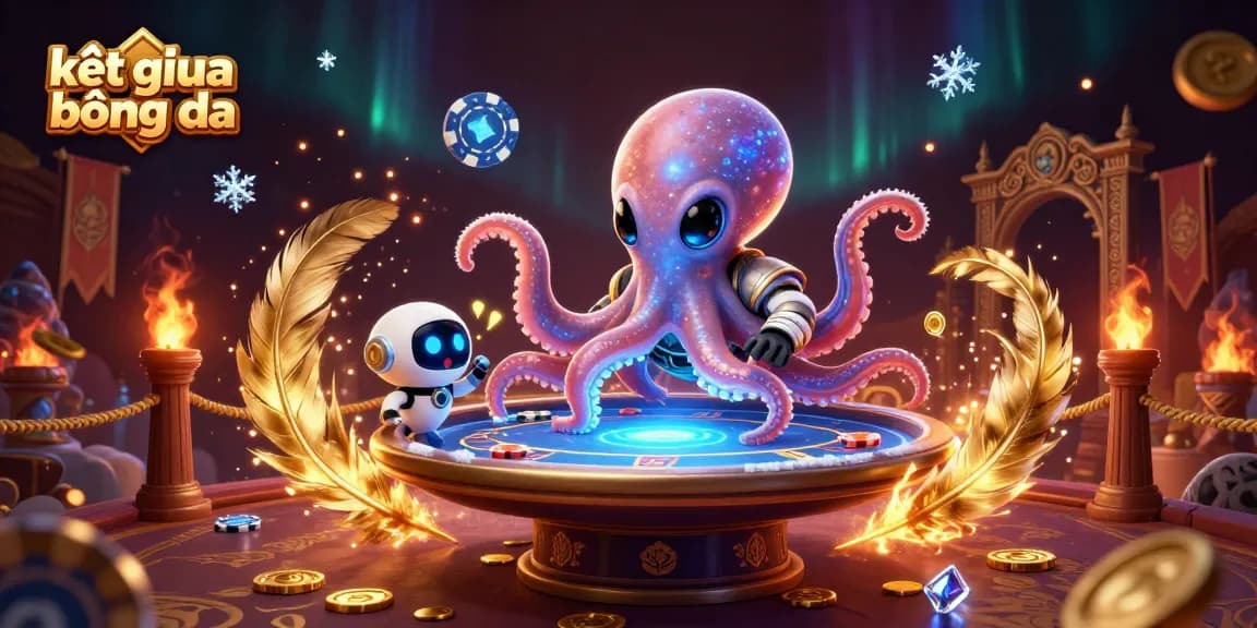 Explore kết quả bóng đá with vibrant alien octopus at a holographic poker table amidst dynamic betting elements.