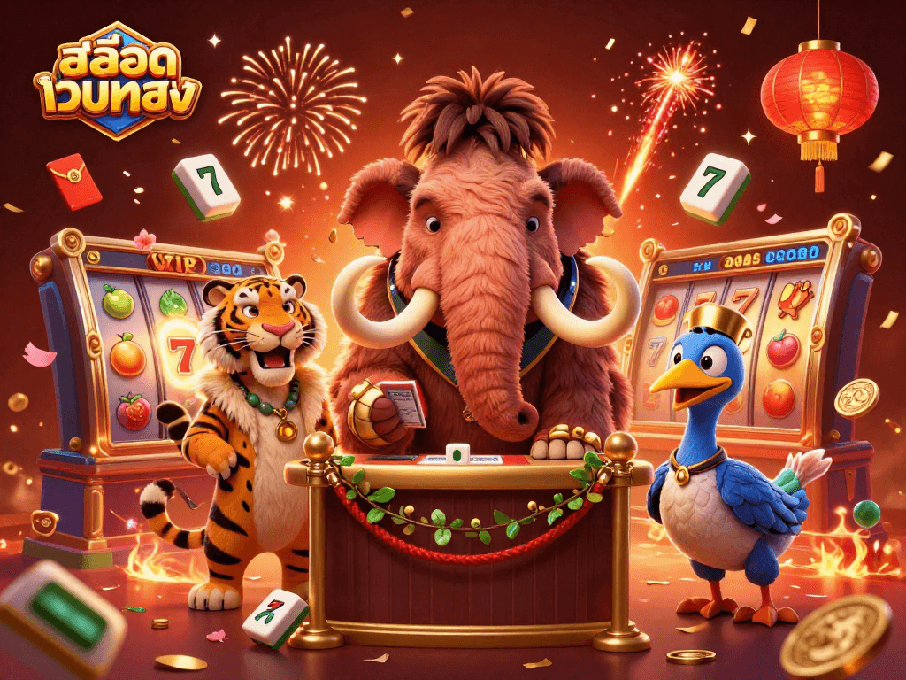 Engage with สล็อตเว็บตรง as a woolly mammoth bouncer checks IDs at a vibrant casino scene.