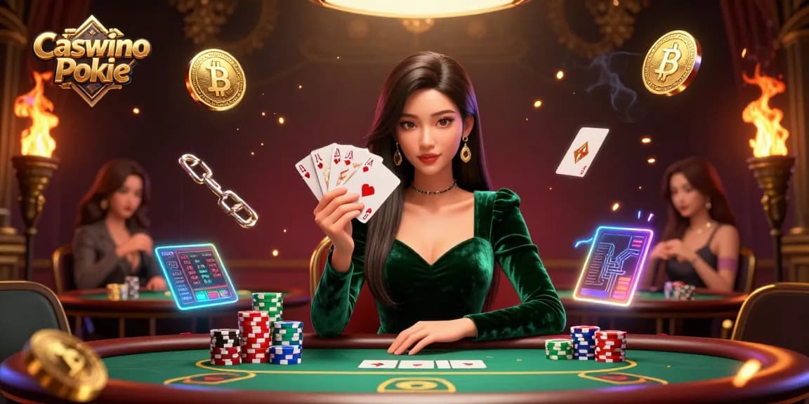 Engage with Caswino Pokie at a luxury casino table with digital slot and crypto elements.