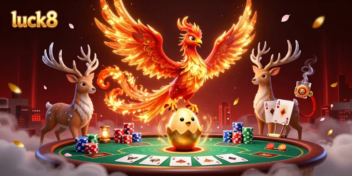 Experience the thrilling luck8 gaming adventure with a phoenix and stag amidst poker excitement.