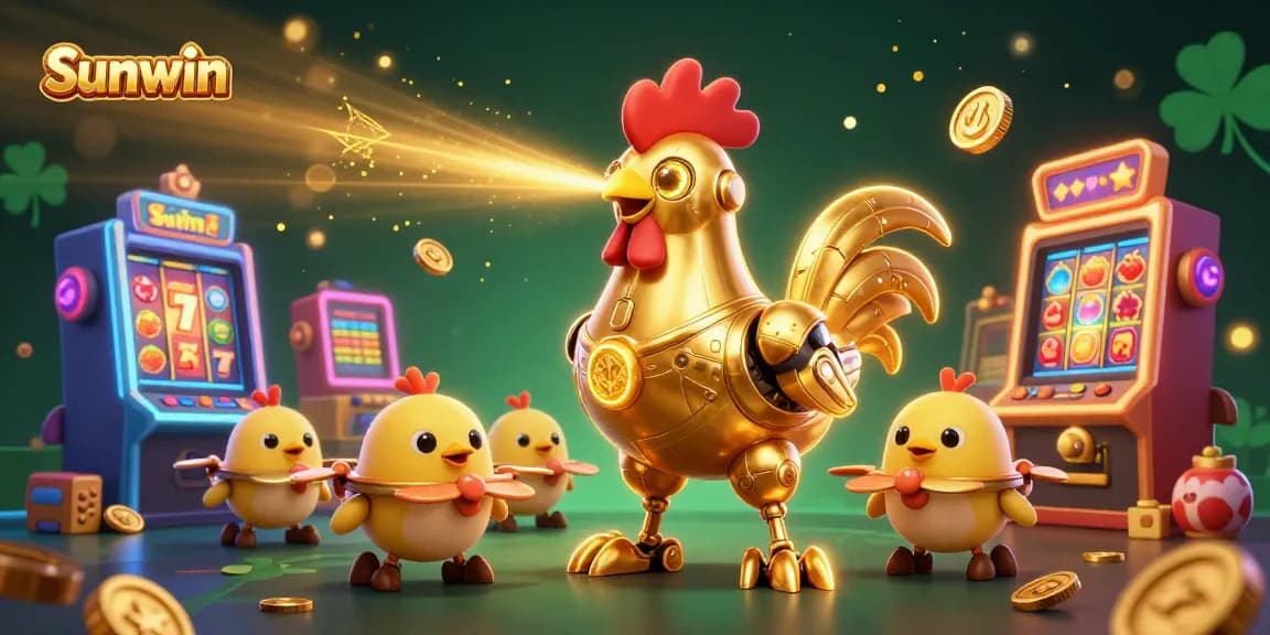 Sunwin elevates your gaming experience with vibrant slot machines and a dynamic golden rooster.