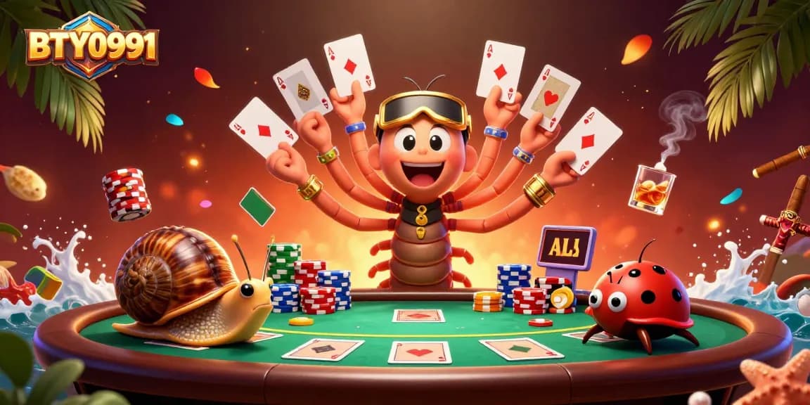 Experience BTY0991's vibrant casino scene with thrilling poker action amidst playful characters.