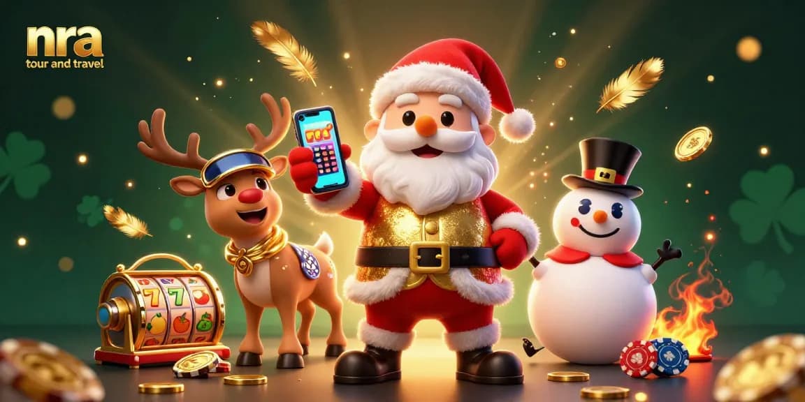 Spin jackpot slots with nra tour and travel, featuring Santa and his reindeer in a vibrant casino atmosphere.