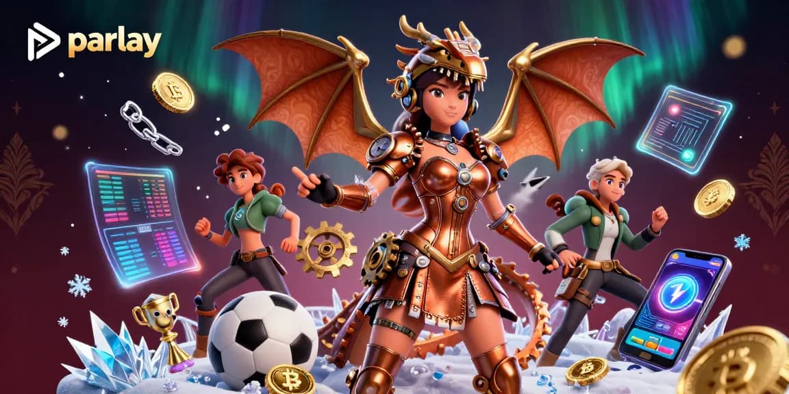 Place winning parlay bets in vibrant sports-themed illustration with glowing cryptocurrencies.