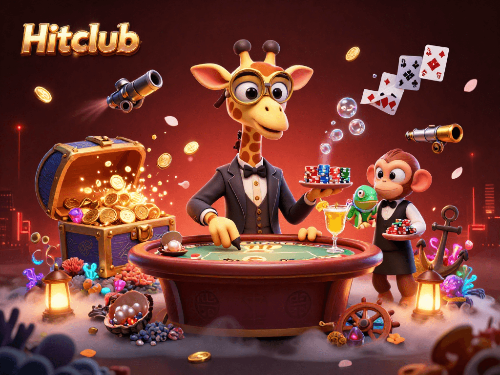 Hitclub showcases a high-roller giraffe and friends in an exciting casino scene with vibrant gambling elements.