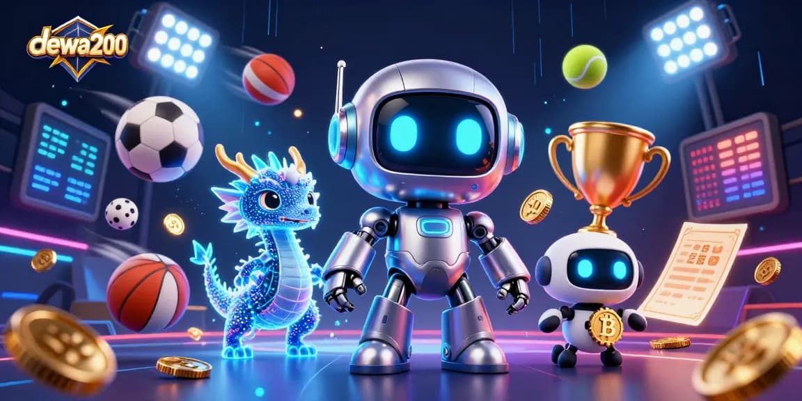 Dewa200 mempersembahkan robot cyberpunk dengan mata neon dan dragon holografik di dunia perjudian yang penuh semangat.